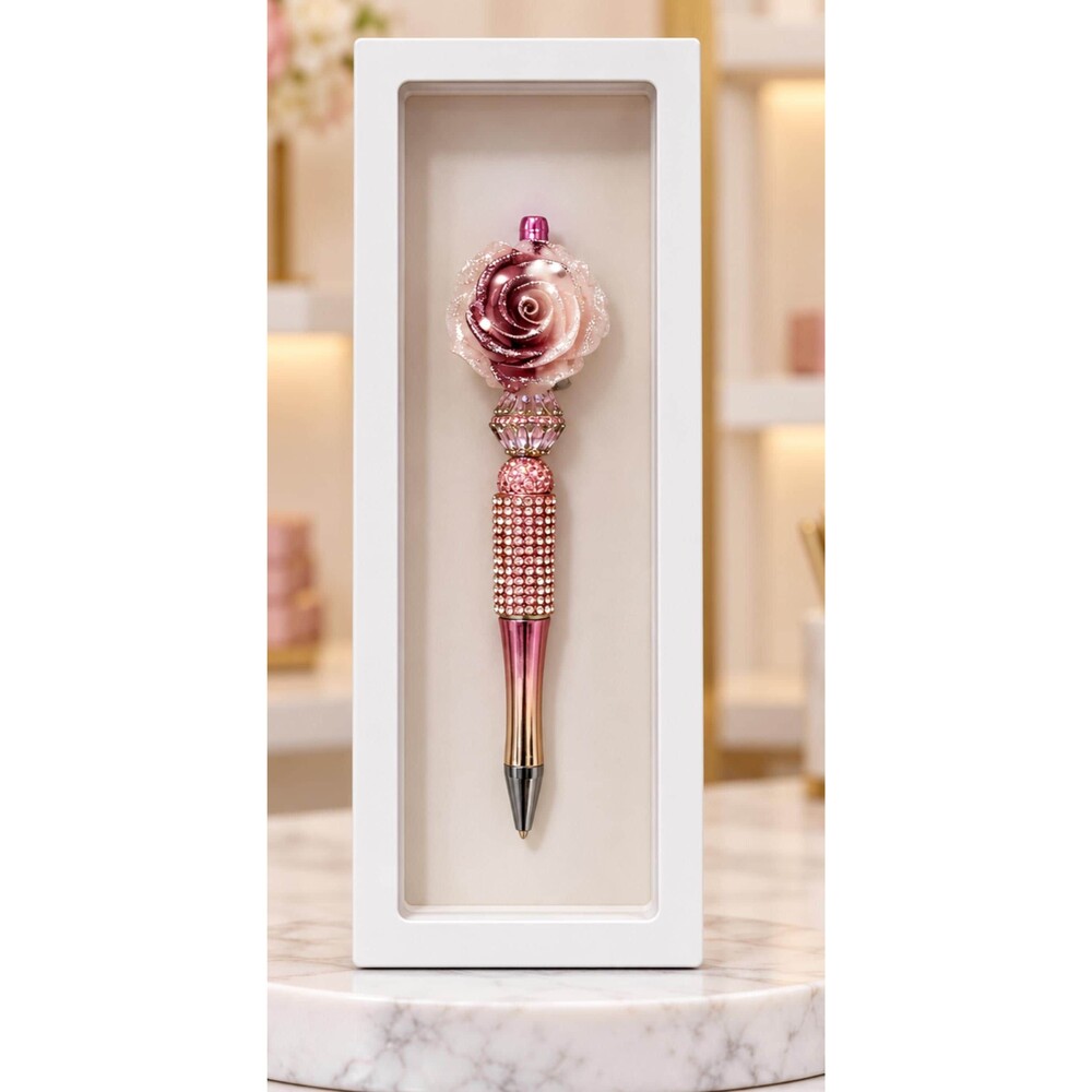 Handmade Pink Rose Pen, Rhinestone Beaded Pen, Floral Gift Pen